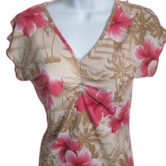 ---  Beige Pink Stretch Floral Top Fits Small - Picture 1 of 2